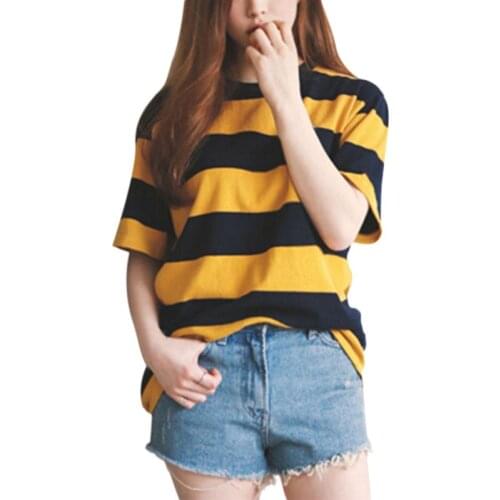 Summer Loose Yellow and Black Striped tshirt Women Wild Short Sleeve T-shirt Slim Fit O-Neck Casual Tops T Shirts