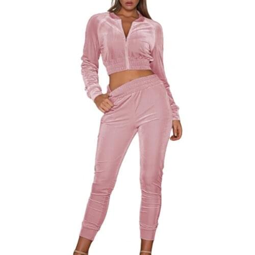 1 Set Sweatpants Sweatshirt Velvet Surface Zipper Women Stylish Sports Long Sleeve Crop Top Elastic Waist Pants Sets