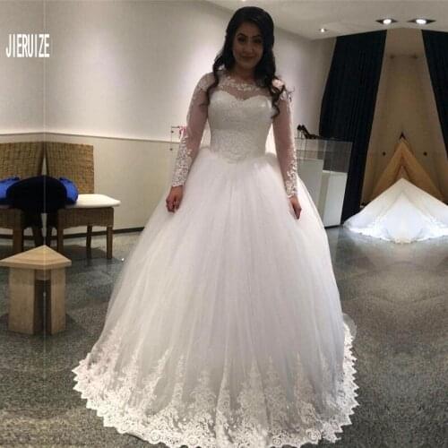 JIERUIZE Gorgeous Lace Ball Gown Ivory Wedding Dresses Scoop Neck Sheer Long Sleeve Appliques Lace Up Back Vestido De Novia