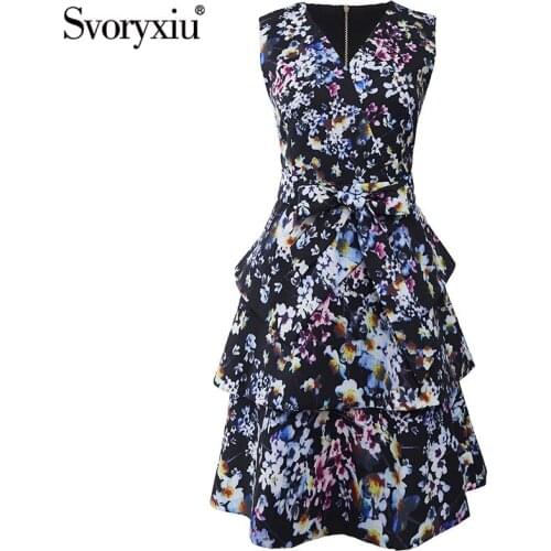 Svoryxiu 2021Runway Fashion Summer Party V-Neck Dress Womens Flower Print Cascading Ruffle Tank Dresses Vestdios