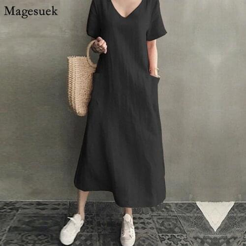 Plus Size Black Dress Women Vintage V-Neck A-Line Cotton Linen Harajuku Dress Elegant Summer Maxi Dresses Women Vestidos 10139