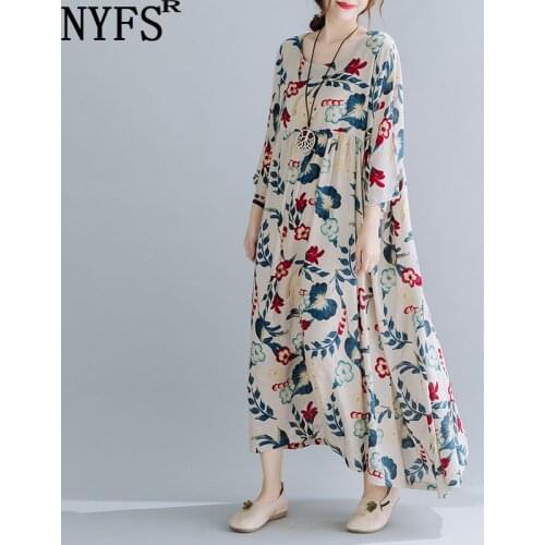 NYFS Autumn Dress 2021 New Vintage loose Wamen Dress Simple Printing Long Dress Vestido de mujer Robe Elbise