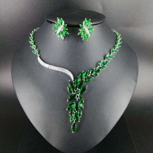 2021 new fashion luxury V style green flower zircon necklace earrings,wedding bride dinner party dress jewelry free shipping