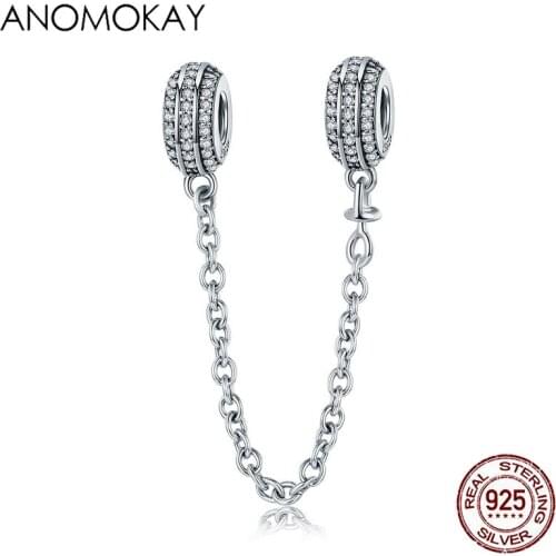 Anomokay Trendy 925 Sterling Silver White CZ Safety Chain Charm fit Bracelet & Bangle S925 Silver Round Stopper for DIY Jewelry