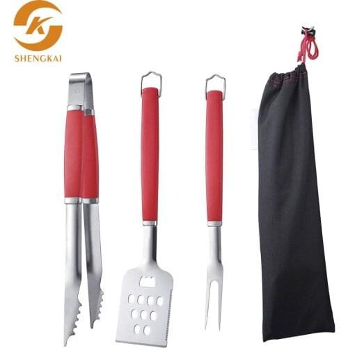 Bbq barbecue set 3-piece set, plastic handle grill, outdoor barbecue tool, polyester storage bag