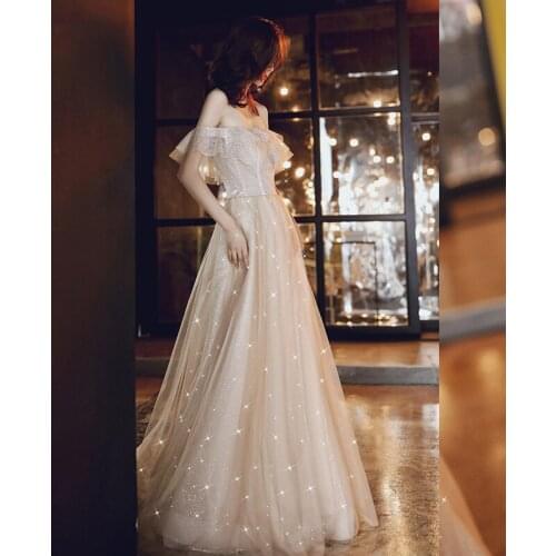 Sparkly Prom Party Dresses Off Shoulder Robe Noble Champagne Floor-length Long Evening Party Gown Abito Da Sera