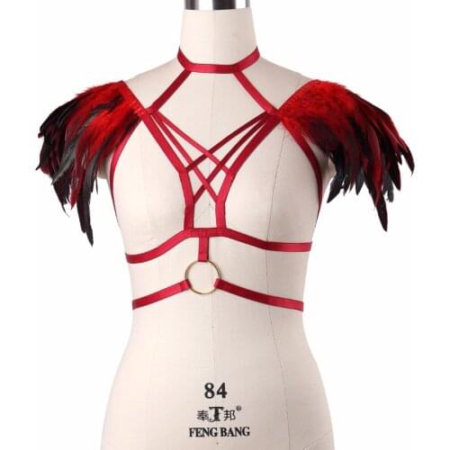 5 Colors Rave Wear Feathers Epaulette Bralette Gothic Body Bondage Harness Lingerie Alluring Exotic BurningMan Bodysuit DO0576