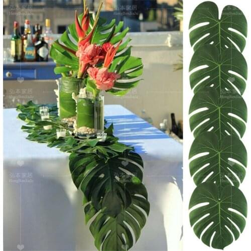 12pcs Artificial Tropical Palm Leaf Hawaiian Luau Beach Jungle Theme Party Decoration Placemat Table Runner Fake Leaves Monstera