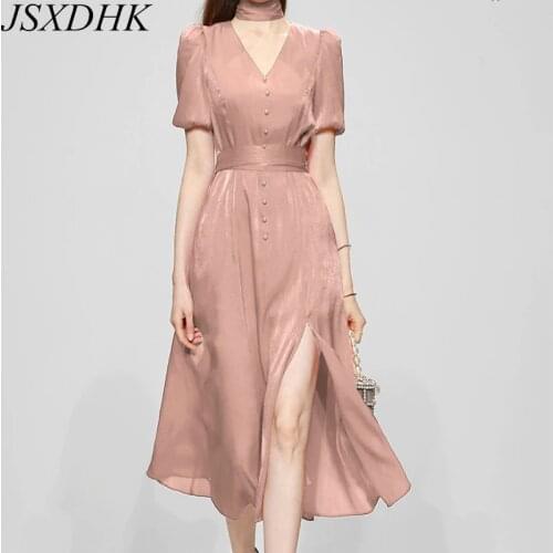 JSXDHK High Quality Elegant Summer Pink Dress 2021 Summer New Puff Sleeve Satin Button Decorate Lady Slim Waist Split Midi Dress