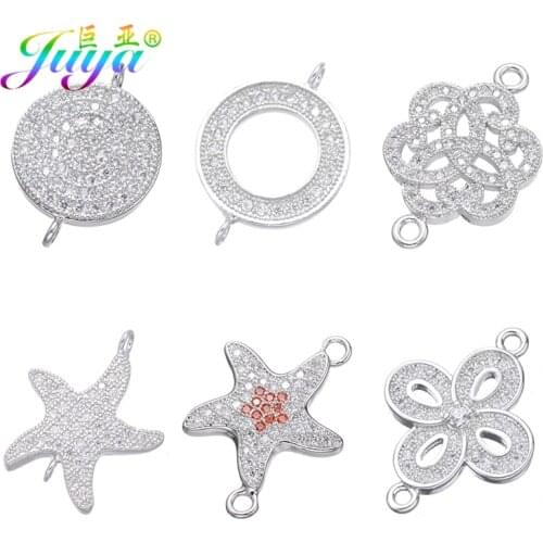 Juya Handmade Jewelry Making Supplies Micro Pave Zircon Flower Round Charm Connector Accessories Needlework Jewelry Findings