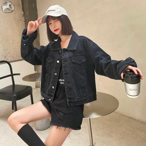 GUUZYUVIZ Black Denim Jacket Women Autumn Winter Casual Vintage Korean