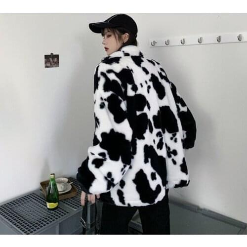 Coat Women Winter Warm Furry Harajuku Dairy Loose Faux Fur Personalized Jacket Vintage Hip Hop Streetwear Milk Cow Print Outwear