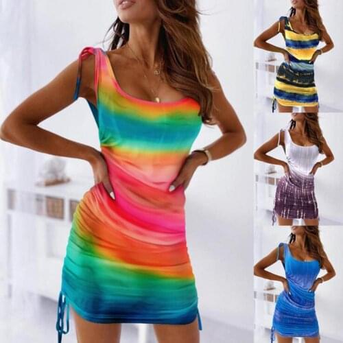 Mini Backless Sleeveless Dress Women Colorful Striped Sexy Slim Y2K Tanks Dress for Women Bodycon Mini Dress Vestidos mujer