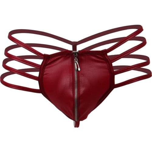 Mens Erotic Lingerie Panties Faux Leather Zipper Bulge Pouch Low Waist Hollow Out Underwear Strappy G-string T-back Thong Briefs