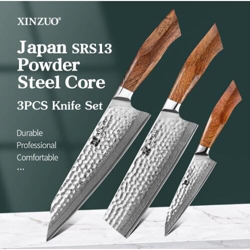 XINZUO 3PCS Kitchen Knife Set SRS13/R2/SG2Japan Damascus 8"Chef 5"Utility 7.3 Nakiri Cleaver Knife Slicing Meat Cooking Tools