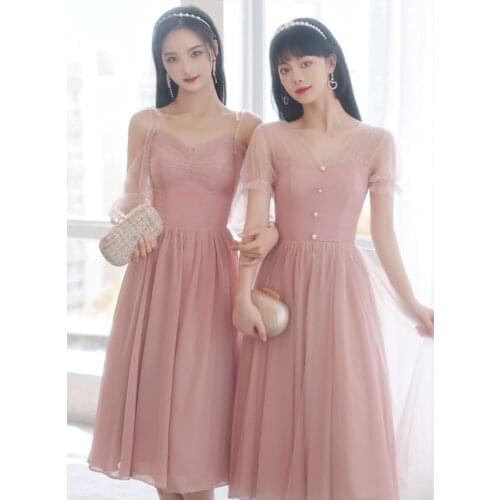 New Pink Chiffon Bridesmaid Dress V neckTea Length With Sleeves vestidos de cocktail elegant dress women for wedding party robe