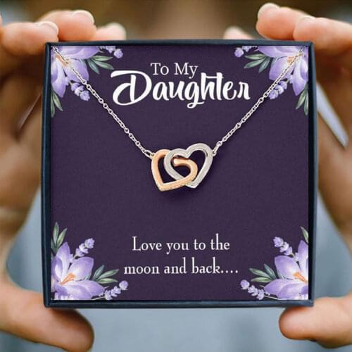 To Daughter Interlocking Heart Necklace Love You to the Moon and Back Keepsake Card Gift Inseparable Pendant Necklaces