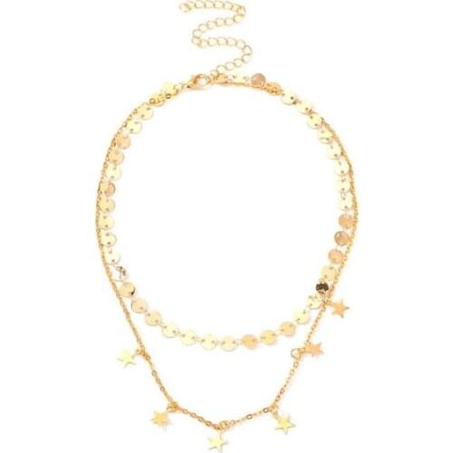 European And American Temperament Fashion Disc Star Necklace Double Layer Clavicle Chain Necklace for Women Female Jewelry Gift