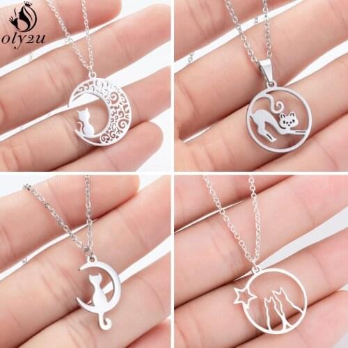 Oly2u Stainless Steel Animal Cat Necklace for Women Daily Jewelry Fashion Moon Round Star Necklaces Pendants Gold Collier 2020