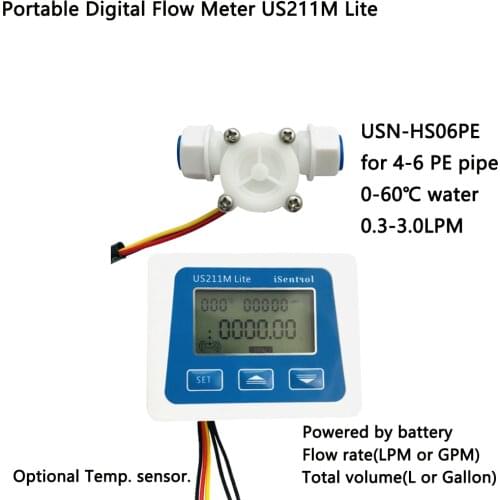 US211M Lite Portable Digital Flow Meter & USN-HS06PE Hall Sensor Turbinemeter 0.3-3.0L/min For 4*6 PE pipe Saier iSentrol