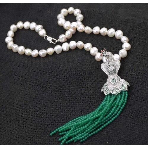 Freshwater pearl white baroque & green jades stone beads peafowl clasp necklace 18"