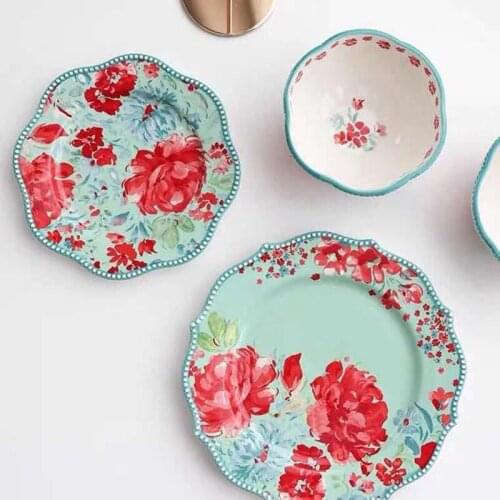 Salad Plate Ceramics Japanese Household Dish Nordic Simple Retro Creative Design Underglaze Color Round Pastoral Style Peony