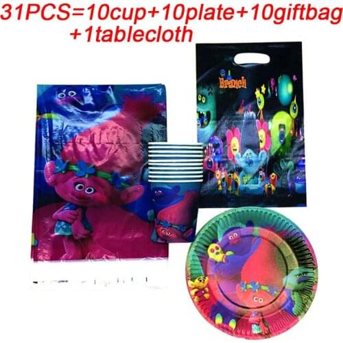 Trolls Birthday Party Supplies Plate Cup Tablecloth Disposable Tableware Set Kids Trolls Birthday Gift Bags Party Decorations