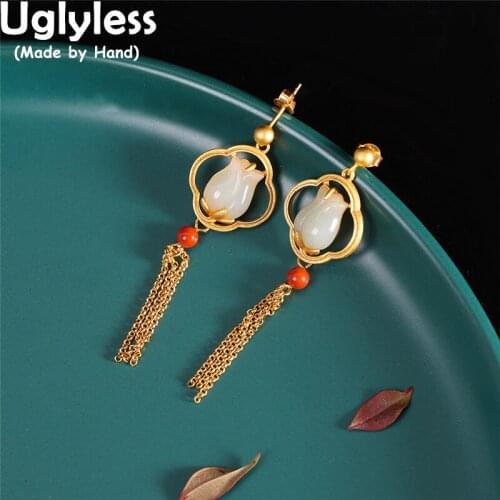 Uglyless Eastern Charming Multi Chains Tassel Earrings for Women Ethnic Gold Jewelry 925 Silver Nature Jade Lotus Earrings Agate