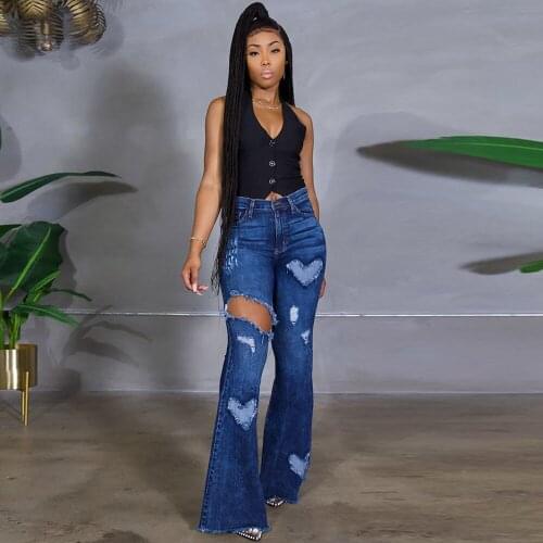 Streetwear Hollow Out Ripped Jean for Women Casual High Waist Push Up Flare Bell Bottom Trouer Summer Vintage Washed Denim Pant