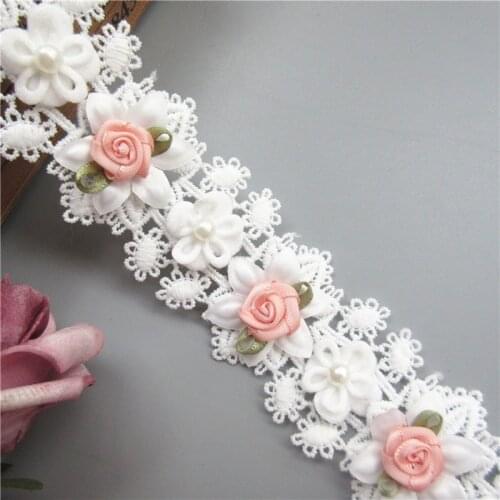 1yd White Cotton Pearl Pink Rose Flower Embroidered Lace Trim Ribbon Fabric Sewing DIY Handmade Patchwork Sewing Supplies Craft