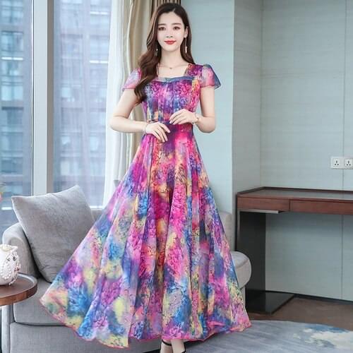 Xincooler 2021 Summer Women Chiffon Print Long Dress Slim Plus Size 3xl 4xl Middle Aged Female Dresses Square Collar Office Lady