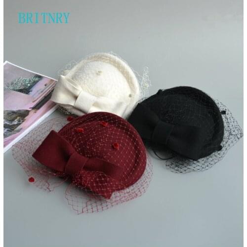 BRITNRY Evening Party Wedding Hats for Women Elegant Black Wine Red Beige Bride Hats High Quality Wedding Accessories Decoration