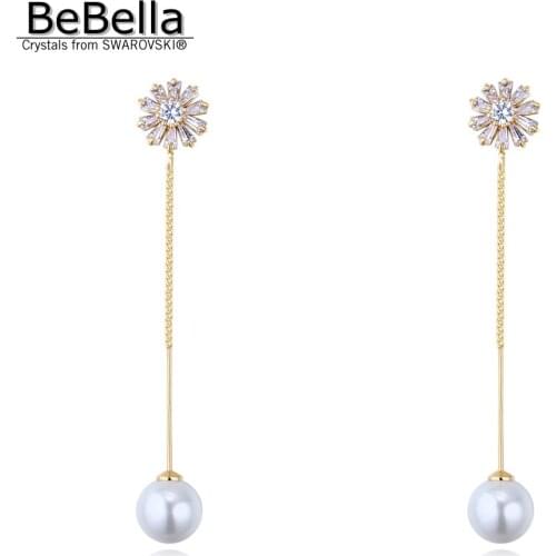 BeBella Long Chain Pearl Pendant Earrings With Zirconia Earrings Made With High Grade Zirconia For Women Bride Wedding Gift