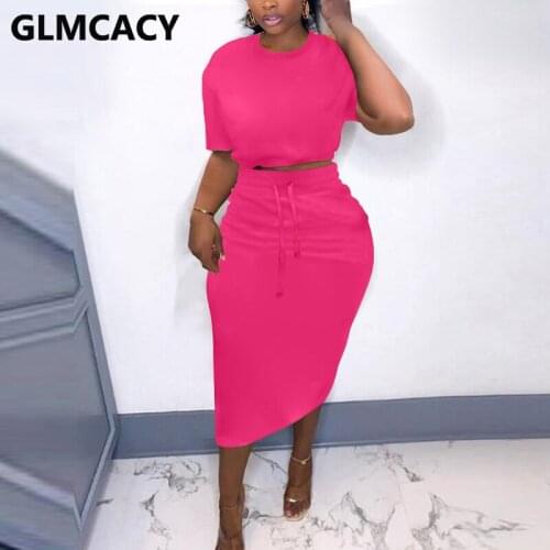 Women Two Piece Casual Solid Dress Suits Short Sleeve Crop Top & Bodycon Midi Skirt Set