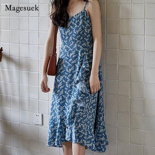 2021 French Women Summer Long Dress Printed Floral V-neck Blue Sleeveless Dress for Women Vintage Style Chic Dress Vestido 14688