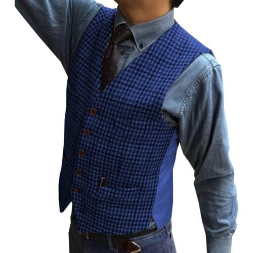 Houndstooth Waistcoat Men Tweed Formal Vest V-Neck Slim Fit Customize Waistcoat for Wedding Groomsmen Leisure Business