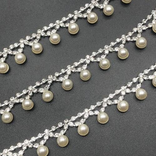 10Yards Rhinestone Trim Handmade Clear Crystals Pearls Fringe Trimming Wedding Accessories