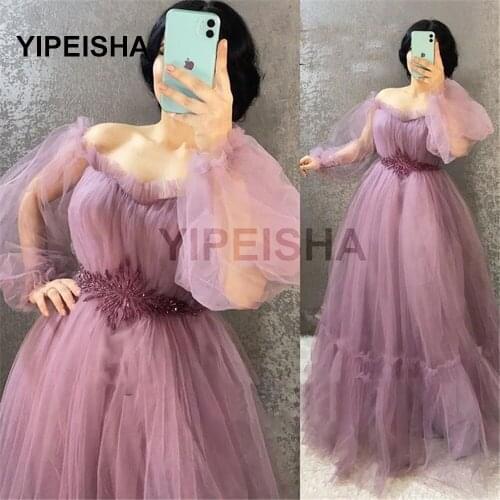 2021 Olive Green Tulle Prom Dresses Puff Long Sleeves Sweetheart Diamond Sash Plus Size Gowns Women Red Evening Dress