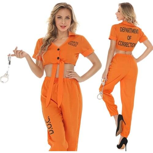 2021 Sexy Policewomen Cosplay Costume Uniform Seduction Orange Lapel Collar Lacing Top Loose Trousers With Handcuffs Props