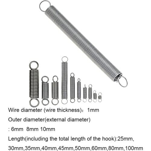 5PCS 304 Stainless Steel Dual Hook Small Tension Spring Hardware Accessories Wire Dia 1mm Outer Dia 6 8 10mm Length 25-100mm