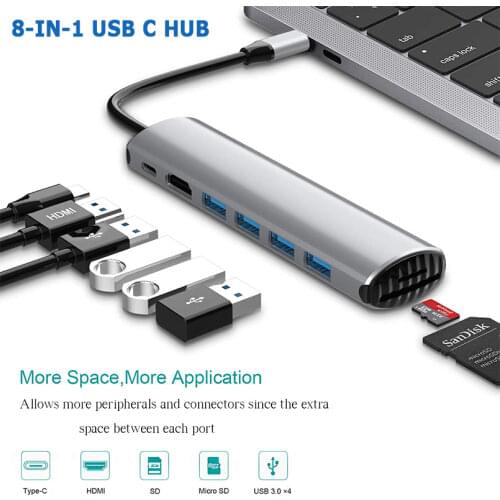 8 in 1 Type C Hub To HDMI Adapter 4K Thunderbolt 3 USB C Hub with 4 USB 3.0 TF SD Reader PD RJ45 for MacBook Pro Huawei Mate 20