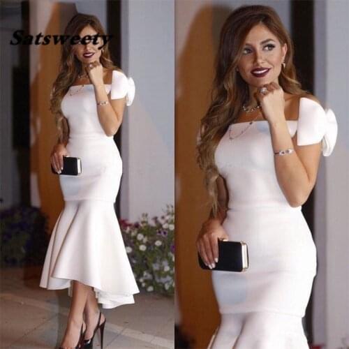 Arabric Short White Cocktail Dresses 2022 Off Shoulder Bow Mermaid Tea Length Modest Prom Party Evening Gowns Cheap Custom Made