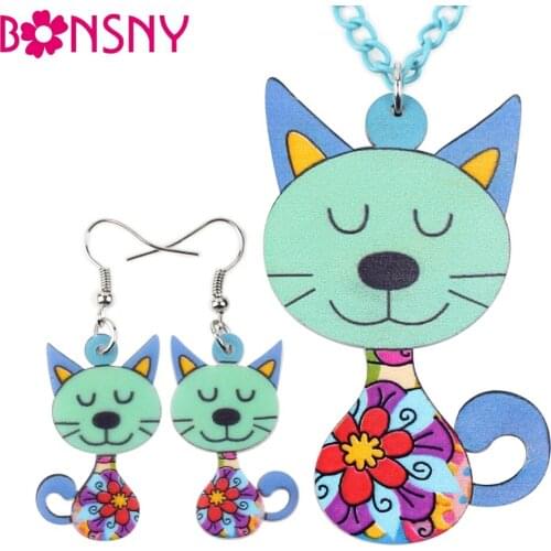 Bonsny Brand Acrylic Cat Necklace Earrings Jewelry Sets Animal Design Choker Fashion Jewelry 2016 News For Women Girl Gift