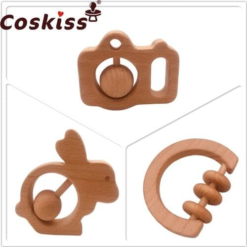 Coskiss Beech Wood Teethers Baby Rattle Nursing Teethers Hand Montessori Toy Eco-friendly Wood Play Gym BPA Free Baby Teether