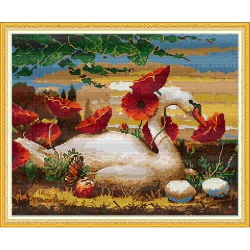 Joy Sunday Cross Stitch Kit Swans Among The Flowers 11CT 14CT Patterns DMC Cross Stitch Chinese Printed Embroidery Patrones Sets