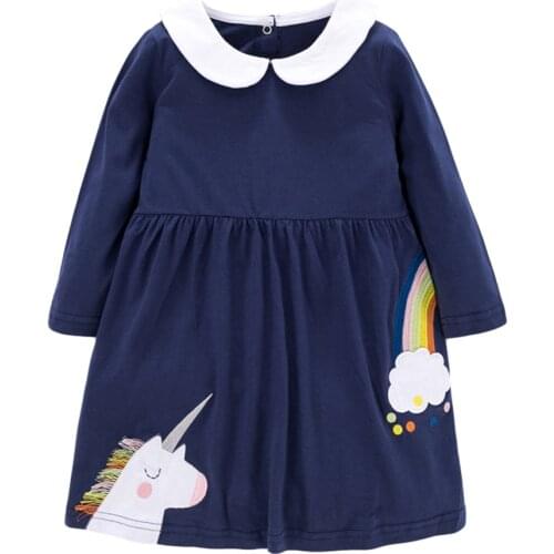 Jumping Meters New Arrival Princess Girls Dress with Collar Unicorn Applique Children Cotton Rainbow Cute Birthday Dress
