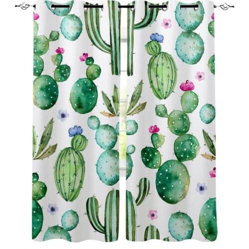 Cactus Watercolor Flowers Green Window Curtains Kitchen Drapes Panel Home Decor Curtains for Living Room Curtains for Bedroom