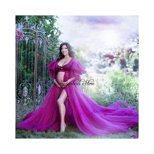 Pretty Fuchsia Ruffles Tulle A-line Maternity Women To Photo-Shoot Dress See Thru Long Robe For Pregnant Women Dresses Vestodos
