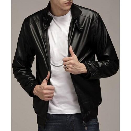 Men Jacket Zipper Closure Stand Collar Stylish Faux Leather Solid Color Slim Fit Motorcycle Coats Casual Cool Warm Outerwear