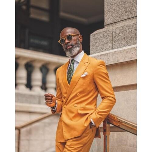 Double Breasted Orange Mens Suits 2 Piece Beach Groomsmen Wedding Tuxedos For Party Men Formal Prom Suit (Jacket+Pants)